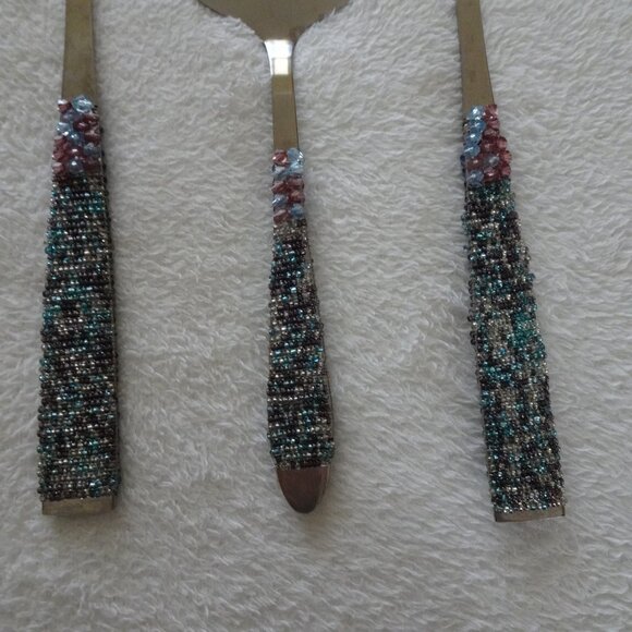 Beaded Handle Salad Serving Utensil Set Cake Pie Server Party Holiday - Picture 6 of 7